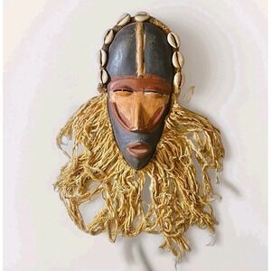 African Dan Dance Mask Cowrie Shells Fiber Beard Ivory Coast Folk Art
